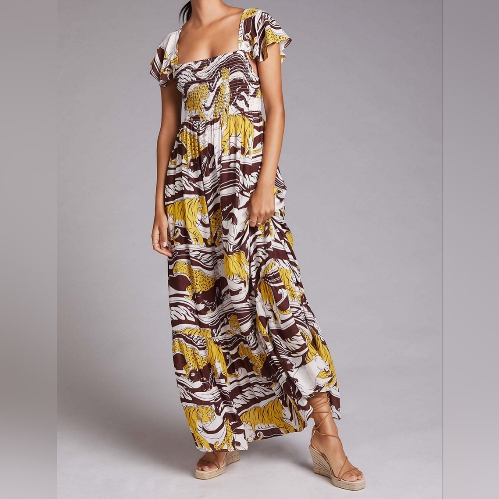 ANTHROPOLOGIE Panther Tiger Printed Ruffled Smocked Maxi Dress Size M Boho 70s
